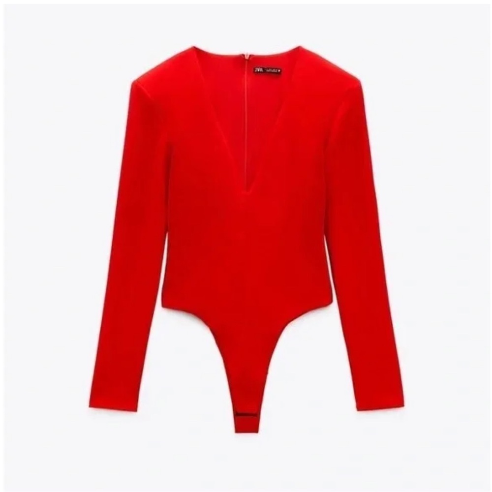 M2 ZARA Women Red Shoulder Pads Long‎ Sleeves Bodysuit NWT